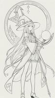 AI generated Anime Wizard Girl Line Art Drawing Sketch Black and White Simple Background photo