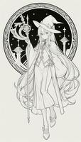 AI generated Anime Wizard Girl Line Art Drawing Sketch Black and White Simple Background photo