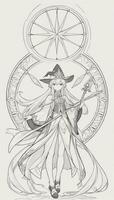 AI generated Anime Wizard Girl Line Art Drawing Sketch Black and White Simple Background photo