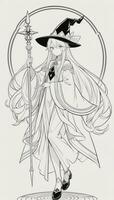 AI generated Anime Wizard Girl Line Art Drawing Sketch Black and White Simple Background photo