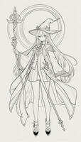 AI generated Anime Wizard Girl Line Art Drawing Sketch Black and White Simple Background photo
