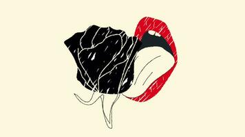 Lips with a red rose. Hand drawn. Alpha channel transparency video