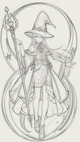 AI generated Anime Wizard Girl Line Art Drawing Sketch Black and White Simple Background photo
