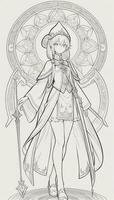 AI generated Anime Wizard Girl Line Art Drawing Sketch Black and White Simple Background photo