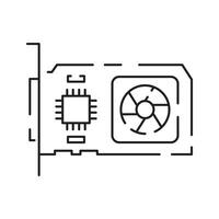 Computer hardware line icon. Graphic card or processor and RAM. GPU or CPU and cooler. Case with motherboard. Vector SSD cable with fan. Computer details.