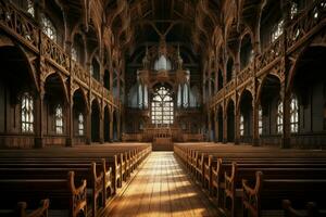 ai generado opulento de madera interior catedral. generar ai foto