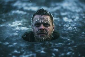 AI generated Daring Man immersing in icy water on winter day. Generate Ai photo