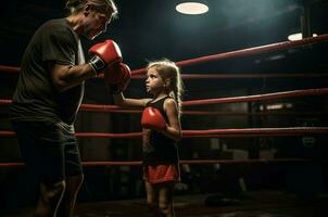 ai generado atlético pequeño niña formación con entrenador en boxeo anillo en noche. generar ai foto