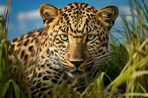 AI generated Elusive Leopard field grass animal. Generate Ai photo