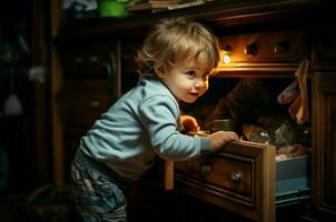 ai generado determinado niño explorador cocina cajón. generar ai foto
