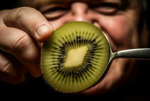 ai generado agradecido hombre comiendo Fresco kiwi con cuchara. generar ai foto