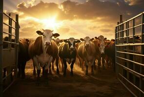 ai generado cercado negro y blanco vacas en ganado bolígrafo. generar ai foto