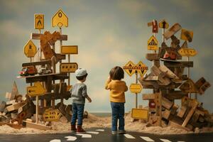 AI generated Curious Little children playing with set of wooden road. Generate Ai photo