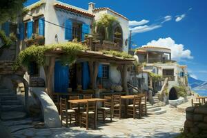 AI generated Tranquil Greek tavern near sea. Generate Ai photo