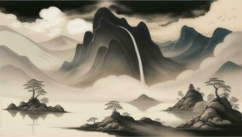 AI generated Chinese Landscape Mountain Nature Painting Ink photo