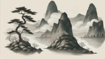 AI generated Chinese Landscape Mountain Nature Painting Ink photo