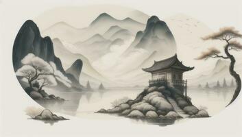 ai generado chino paisaje montaña naturaleza pintura tinta foto