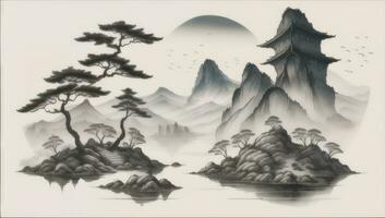 AI generated Chinese Landscape Mountain Nature Painting Ink photo