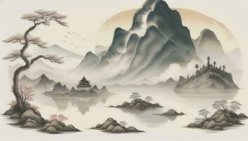 AI generated Chinese Landscape Mountain Nature Painting Ink photo