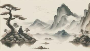 AI generated Chinese Landscape Mountain Nature Painting Ink photo