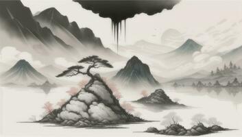 AI generated Chinese Landscape Mountain Nature Painting Ink photo