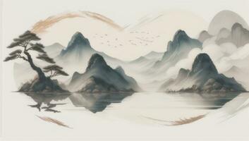 AI generated Chinese Landscape Mountain Nature Painting Ink photo