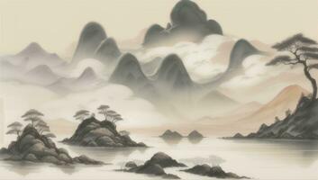 AI generated Chinese Landscape Mountain Nature Painting Ink photo