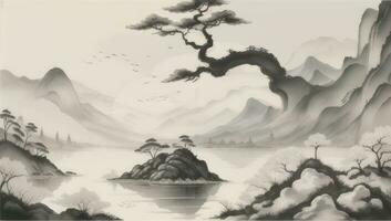 AI generated Chinese Landscape Mountain Nature Painting Ink photo