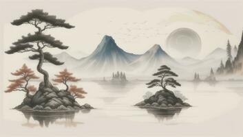 AI generated Chinese Landscape Mountain Nature Painting Ink photo