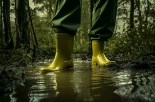 ai generado esencial botas caucho en inundado casa. generar ai foto