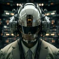 AI generated Portable Man cyber helmet. Generate Ai photo
