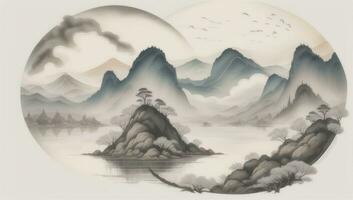 AI generated Chinese Landscape Mountain Nature Painting Ink photo