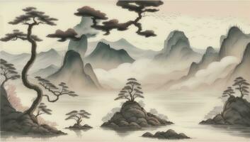 AI generated Chinese Landscape Mountain Nature Painting Ink photo