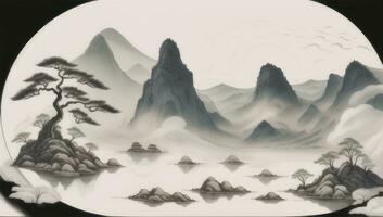 AI generated Chinese Landscape Mountain Nature Painting Ink photo