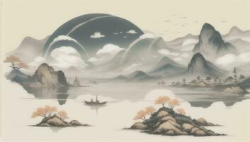 AI generated Chinese Landscape Mountain Nature Painting Ink photo