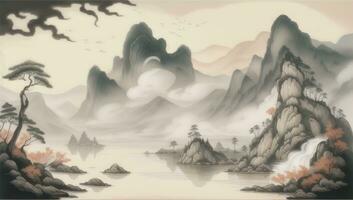 AI generated Chinese Landscape Mountain Nature Painting Ink photo