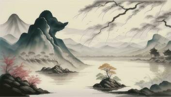 AI generated Chinese Landscape Mountain Nature Painting Ink photo