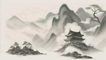 AI generated Chinese Landscape Mountain Nature Painting Ink photo