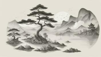 AI generated Chinese Landscape Mountain Nature Painting Ink photo