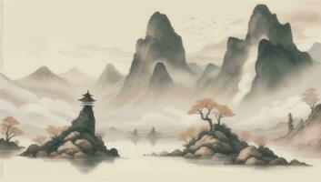 AI generated Chinese Landscape Mountain Nature Painting Ink photo