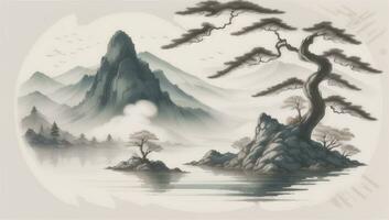 AI generated Chinese Landscape Mountain Nature Painting Ink photo