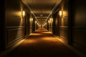 AI generated Air-conditioned Interior long hotel corridor. Generate Ai photo