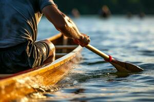 ai generado meticuloso hombre filas un remo en un canoa. generar ai foto