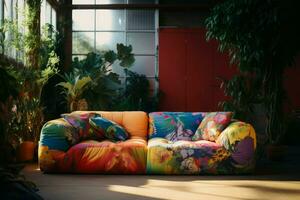 AI generated Stylish Indoors sofa outside round carpet. Generate Ai photo