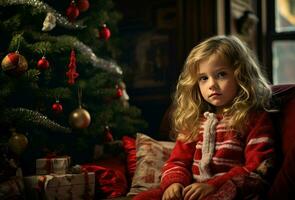 ai generado cautivado pequeño niña sentado cerca Navidad árbol. generar ai foto