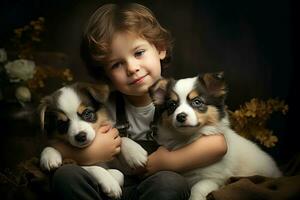 AI generated Endearing Little boy cute puppy. Generate Ai photo