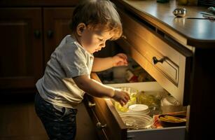 AI generated Playful Child exploring kitchen drawer. Generate AI photo