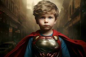 AI generated Resilient Little boy superhero strong. Generate Ai photo