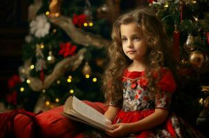 AI generated Innocent Little girl sitting near Christmas tree. Generate Ai photo