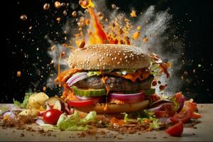 AI generated Overwhelming Hamburger explosion. Grilled meal bun photo